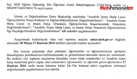 MEB'den Anket Uygulaması Yazısı