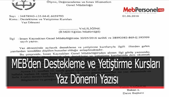 MEB'den Destekleme ve Yetiştirme Kursları Yaz Dönemi Yazısı