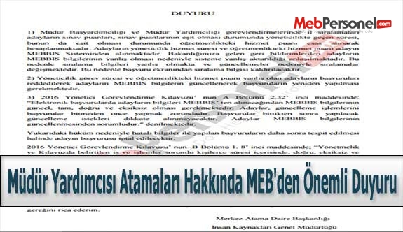 Müdür Yardımcısı Atamaları Hakkında MEB'den Önemli Duyuru