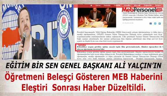 Ali Yalçın'ın, Öğretmeni Beleşçi Gösteren MEB Haberini Eleştiri Sonrası Haber Düzeltildi.