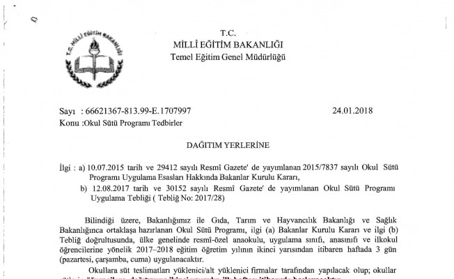 MEB'den ''Okul Sütü Programı Tedbirler'' Yazısı