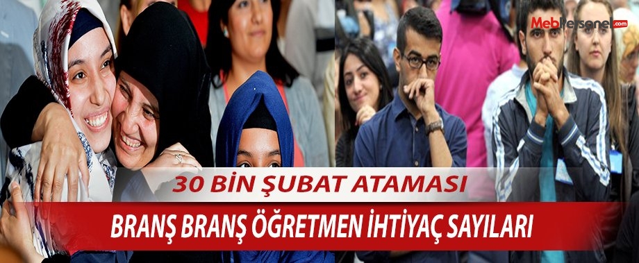 Şubat Öğretmen Atamaları- Branş Branş Öğretmen İhtiyaç Sayıları