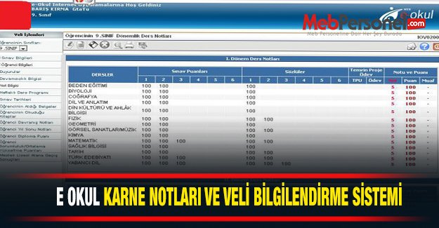 E Okul Karne Notları 2015 Veli Bilgilendirme Sistemine Giriş