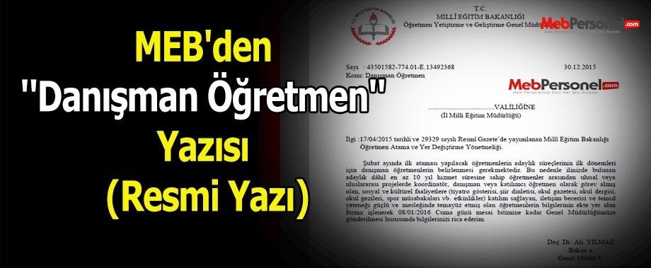 MEB Danışman Öğretmen Görevlendirme Yazısı