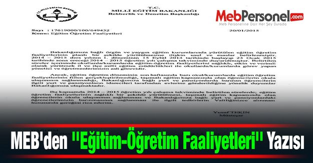 MEB'den ''Eğitim-Öğretim Faaliyetleri'' Yazısı