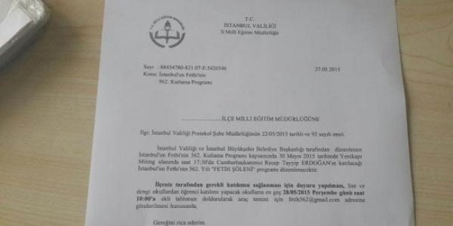 Milli Eğitim Müdürlüğü 'Fetih Şöleni'ne öğrencileri de çağırdı
