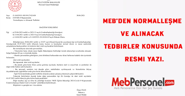 MEB'den Normalleşme ve alınacak tedbirler konusunda resmi yazı.
