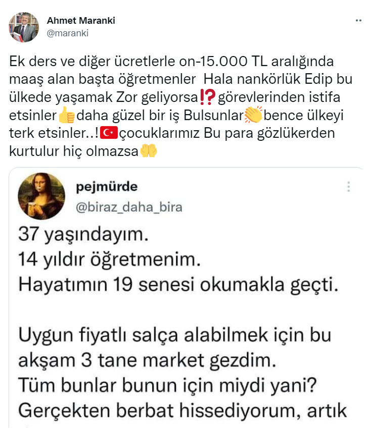 10-15 bin lira öğretmen maaşını beğenmeyen öğretmenler ülkeyi terk etsin