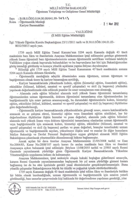 MEB'den, Uzman Öğretmenlik yazısı 
