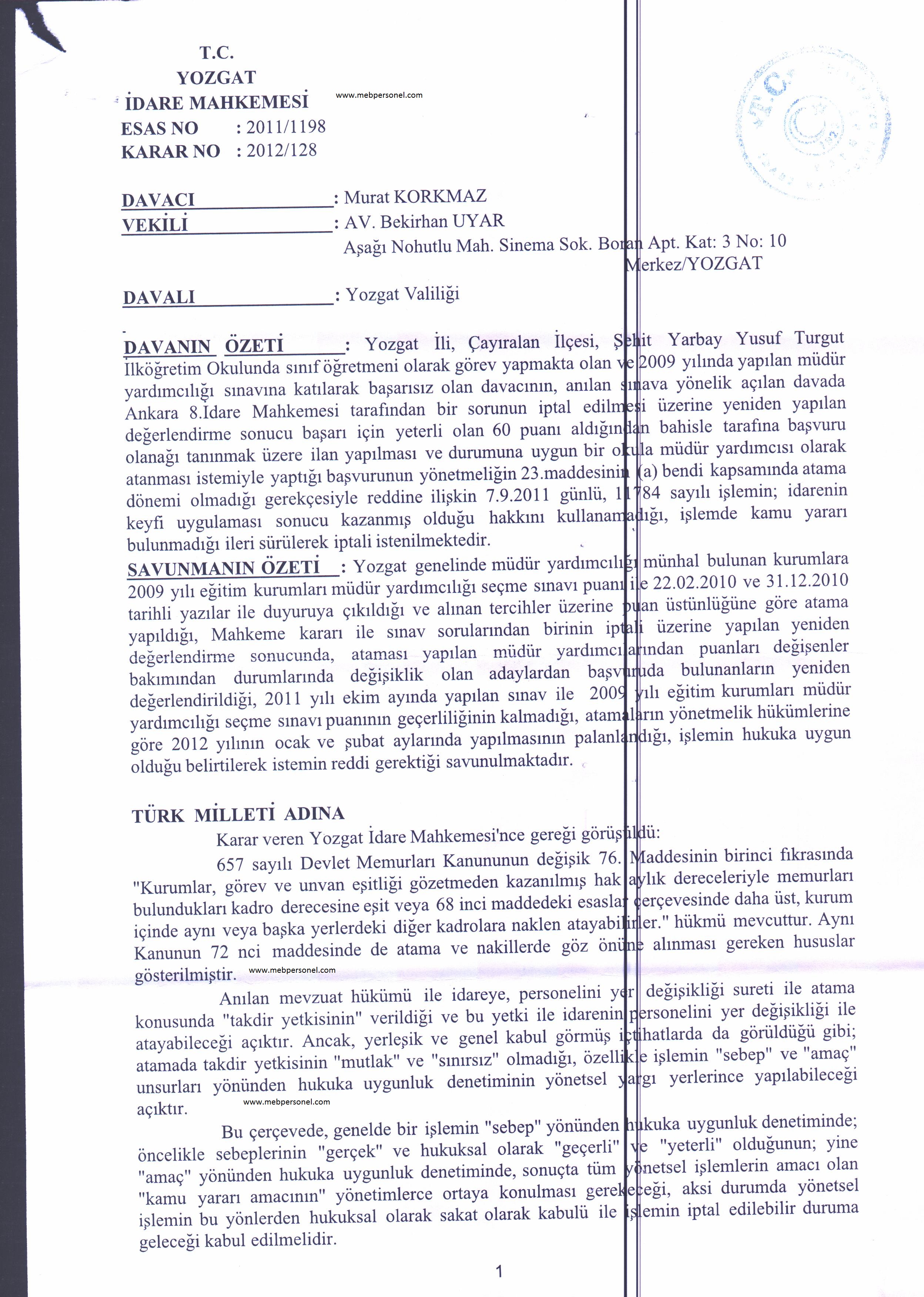  2009 Müdür Yardımcılığı Sınav Puanın Tekrar Değerlendirilmesi i ile İlgili Mahkeme Kararı
