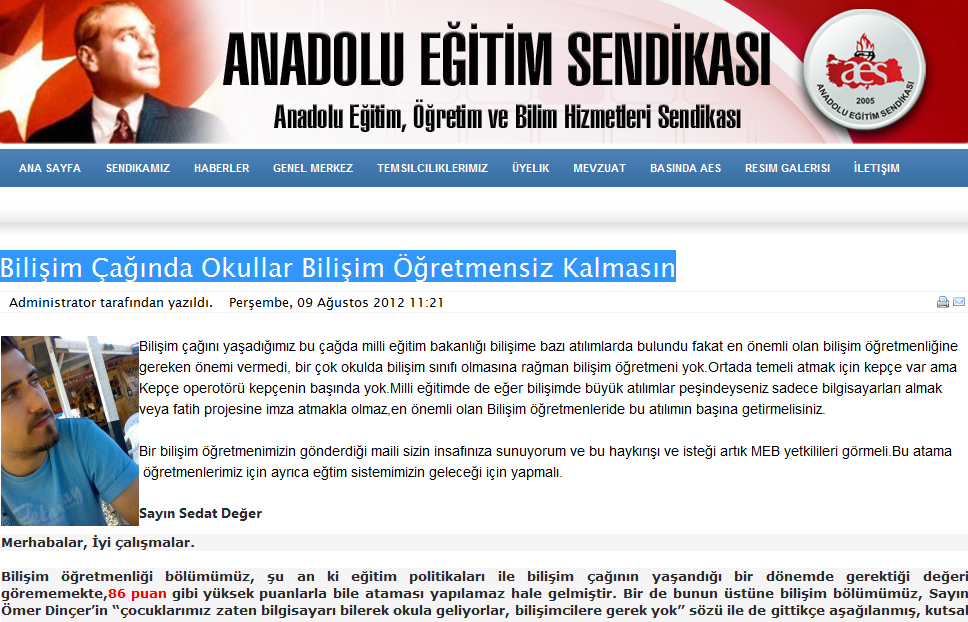 Bilişim Öğretmenleri İle İlgili Haberimiz Anadolu Eğitim Sendikası sitesinde yayınladı.