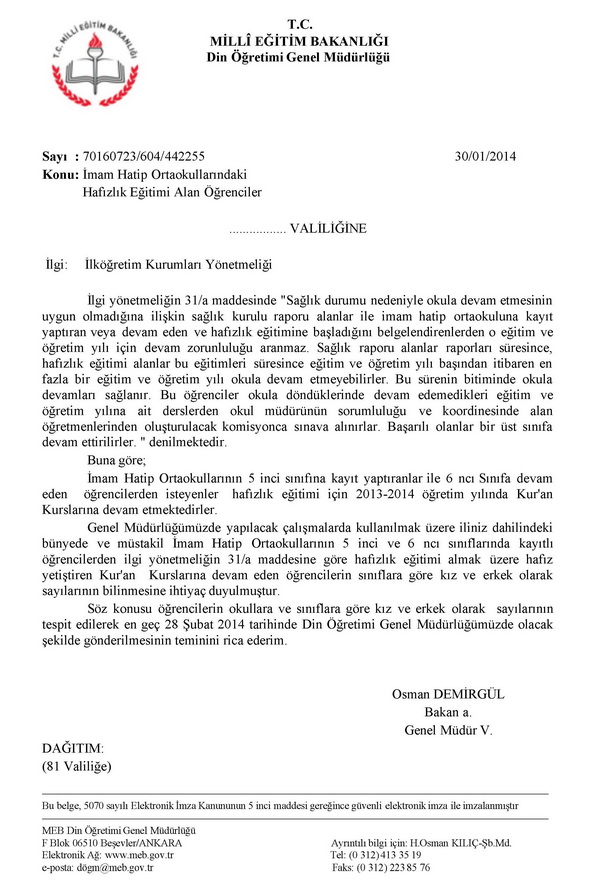 Hafızlık eğitimi alan öğrenciler için yazı 