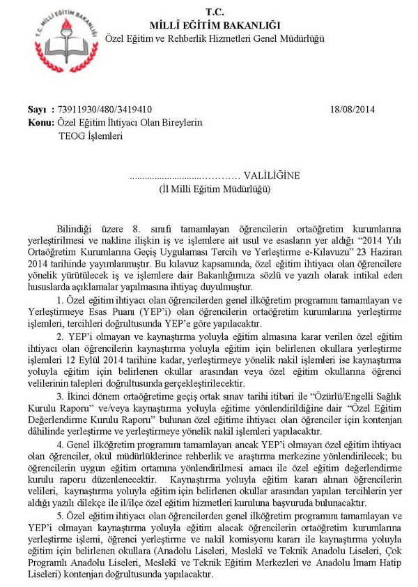 Özel eğitime ihtiyacı olanların TEOG işlemleri