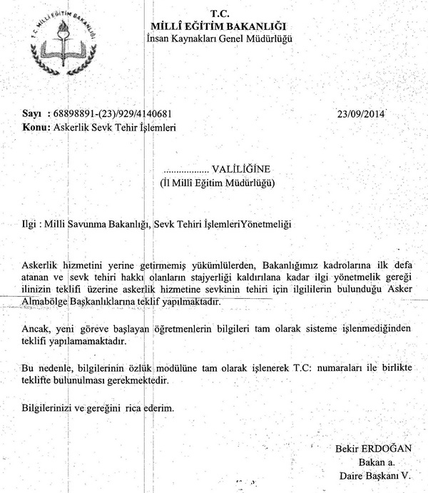 Yeni atanan öğretmenlerin askerlik işlemleri