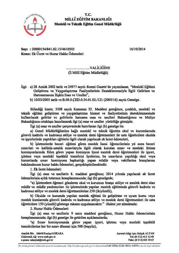 MEB'den  Ek Ücret ve Huzur Hakkı Yazısı