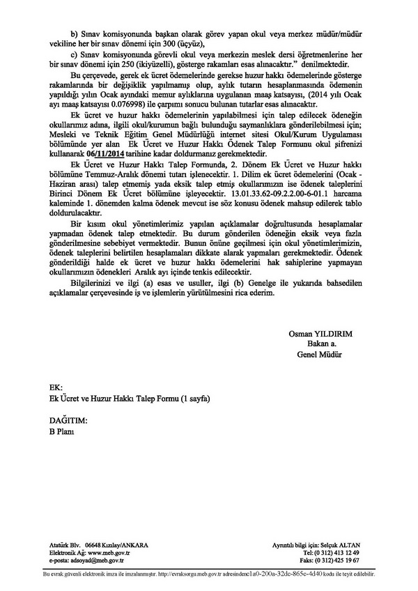 MEB'den  Ek Ücret ve Huzur Hakkı Yazısı
