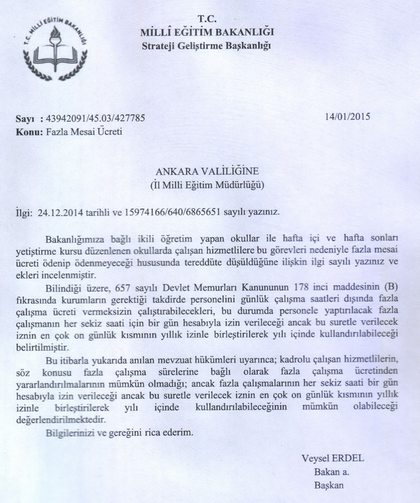 Yetiştirme kurslarında görevli hizmetlilere fazla mesai yerine izin verilecek