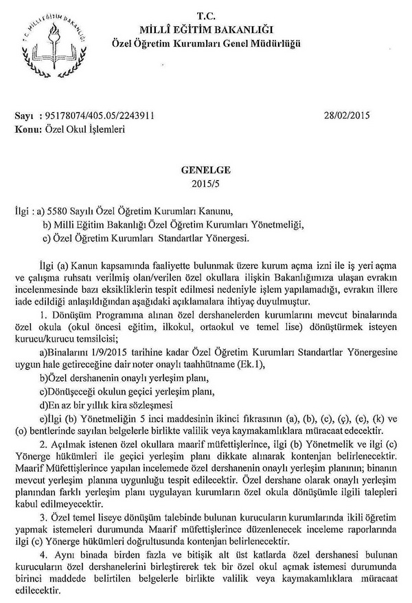 MEB'den özel okulda dönüşen dershaneler genelgesi