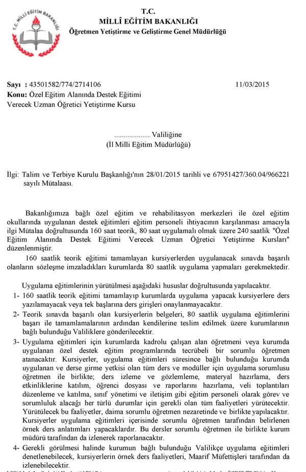 Özel eğitim uzman öğretici kursu
