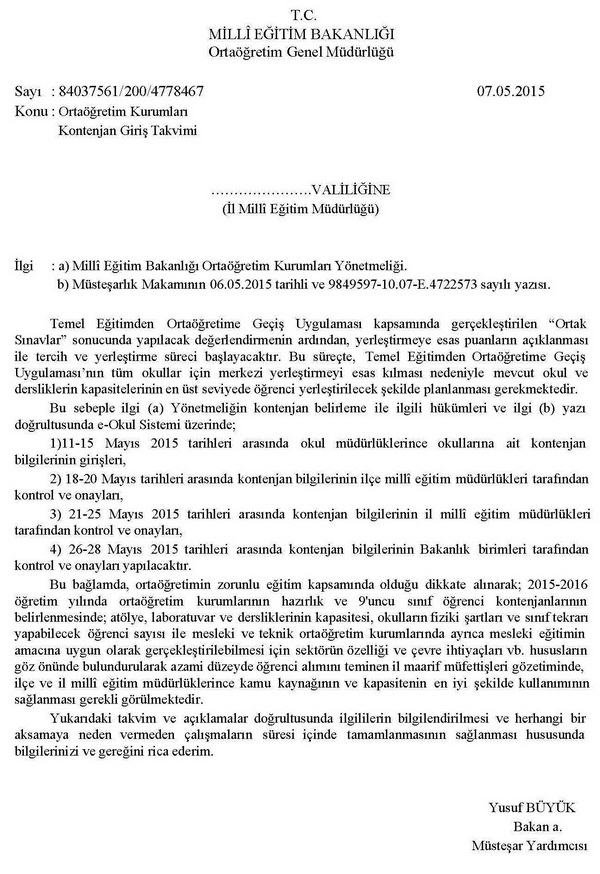 Ortaöğretim kurumları kontenjan belirleme işlemleri başladı