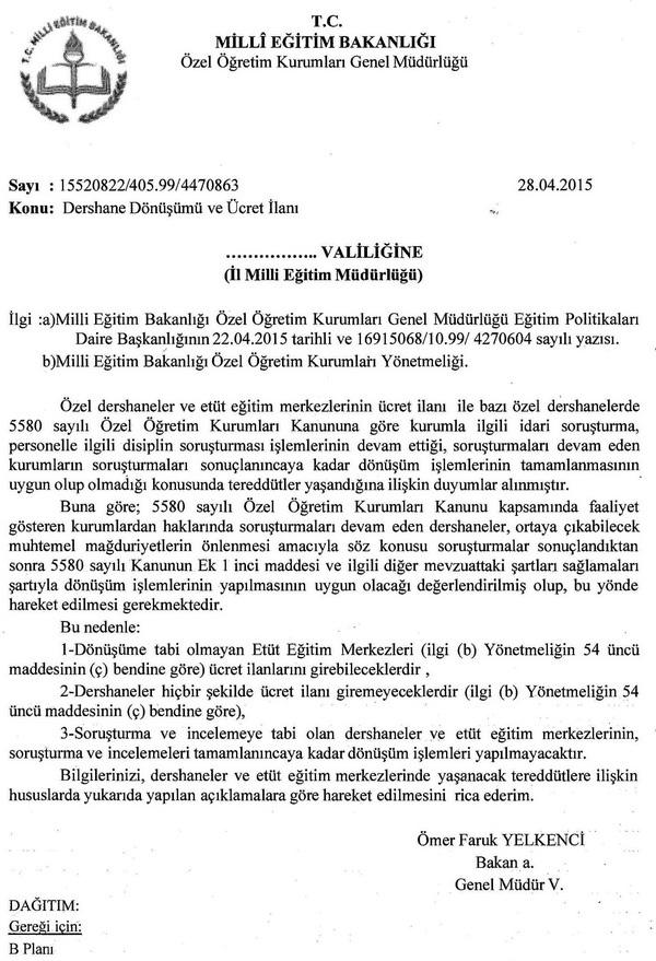 Dershane Dönüşümü ve Ücret İlanı