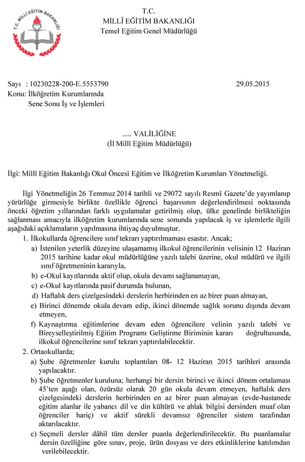 İlköğretim kurumlarında yıl sonu iş ve işlemleri