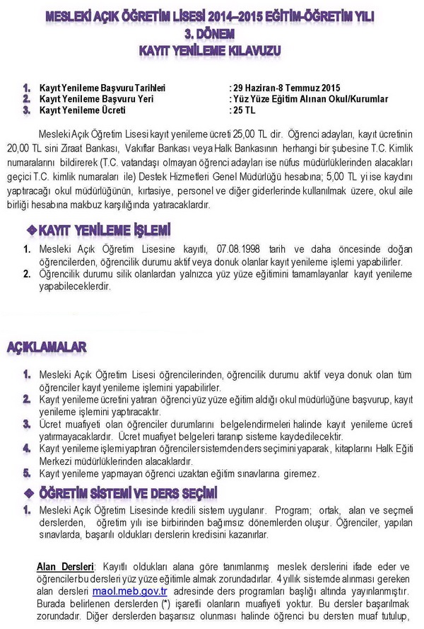 Mesleki Açık Öğretim Lisesi kayıt yenileme ücreti 25,00 TL