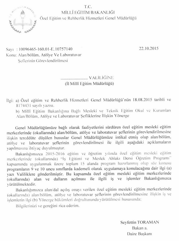 Özel eğitim okullarında da alan ve bölüm şefi görevlendirilecek