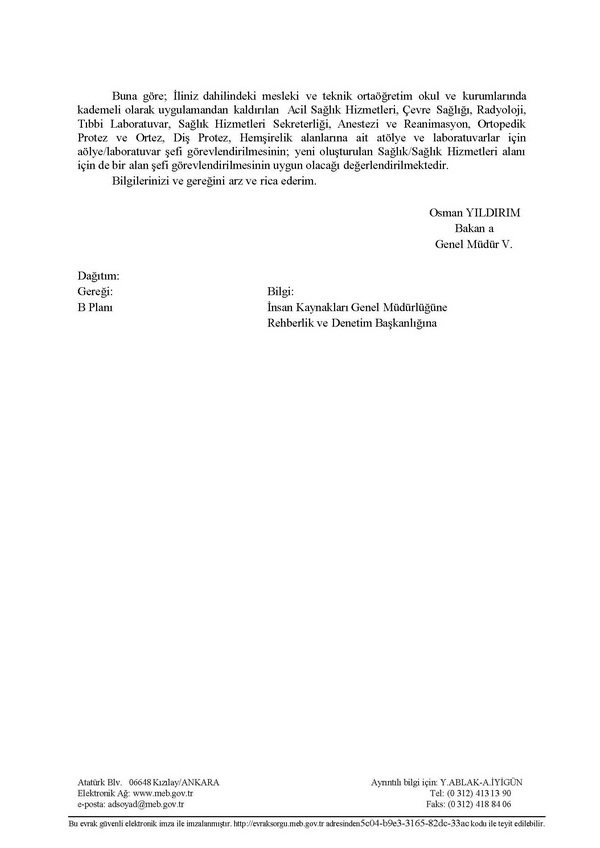 Sağlık alanlarının alan/bölüm, atölye ve laboratuvar şeflikleri