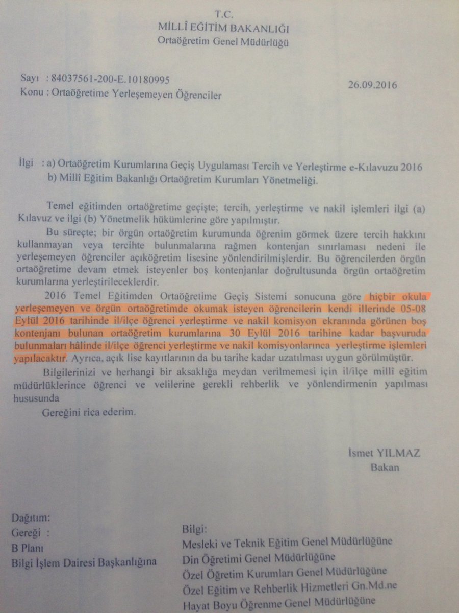 Ortaöğretime Yerleşemeyen Öğrenciler Hakkında MEB Yazısı