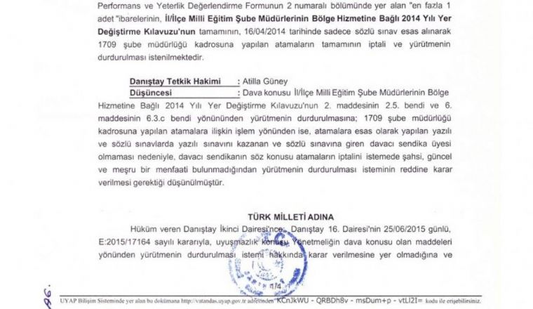 1709 Şube Müdürü Atamasına İlişkin Yürütmeyi Durdurma Kararı