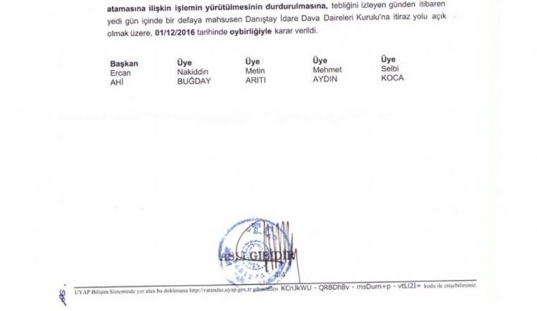 1709 Şube Müdürü Atamasına İlişkin Yürütmeyi Durdurma Kararı