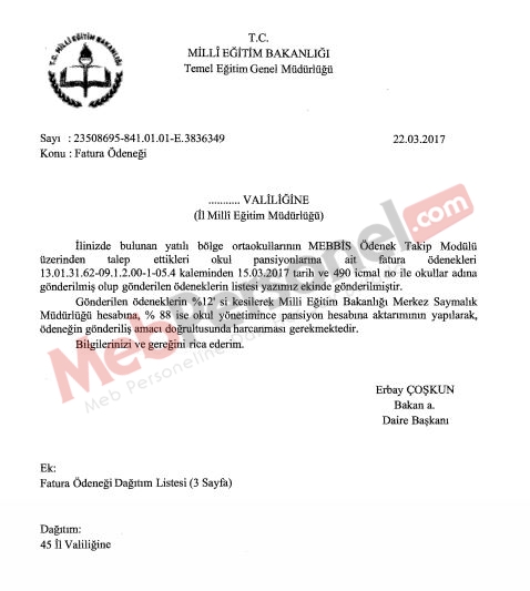 MEB'den ''Fatura Ödeneği'' Yazısı