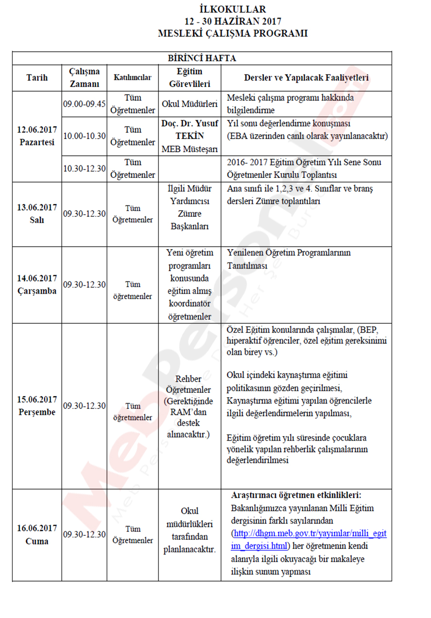 MEB İlköğretim Seminer Programını Açıkladı