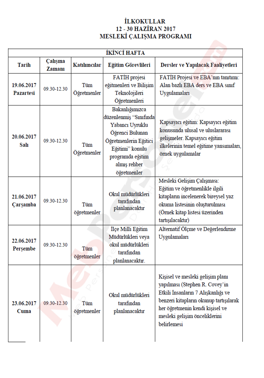 MEB İlköğretim Seminer Programını Açıkladı