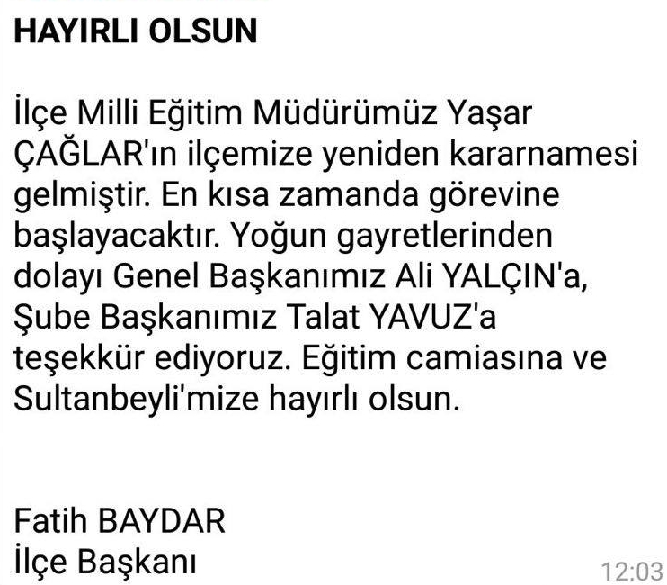 EBS Şube Başkanı Karşı Çıktı; İlçe Milli Eğitim Müdürü Görevine Geri Döndü