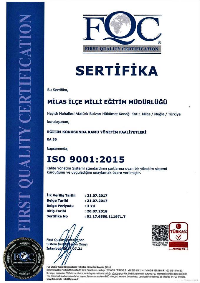 Kaymakamlık ve Milli Eğitim Müdürlüğü  ISO 9001 Belgesi Aldılar