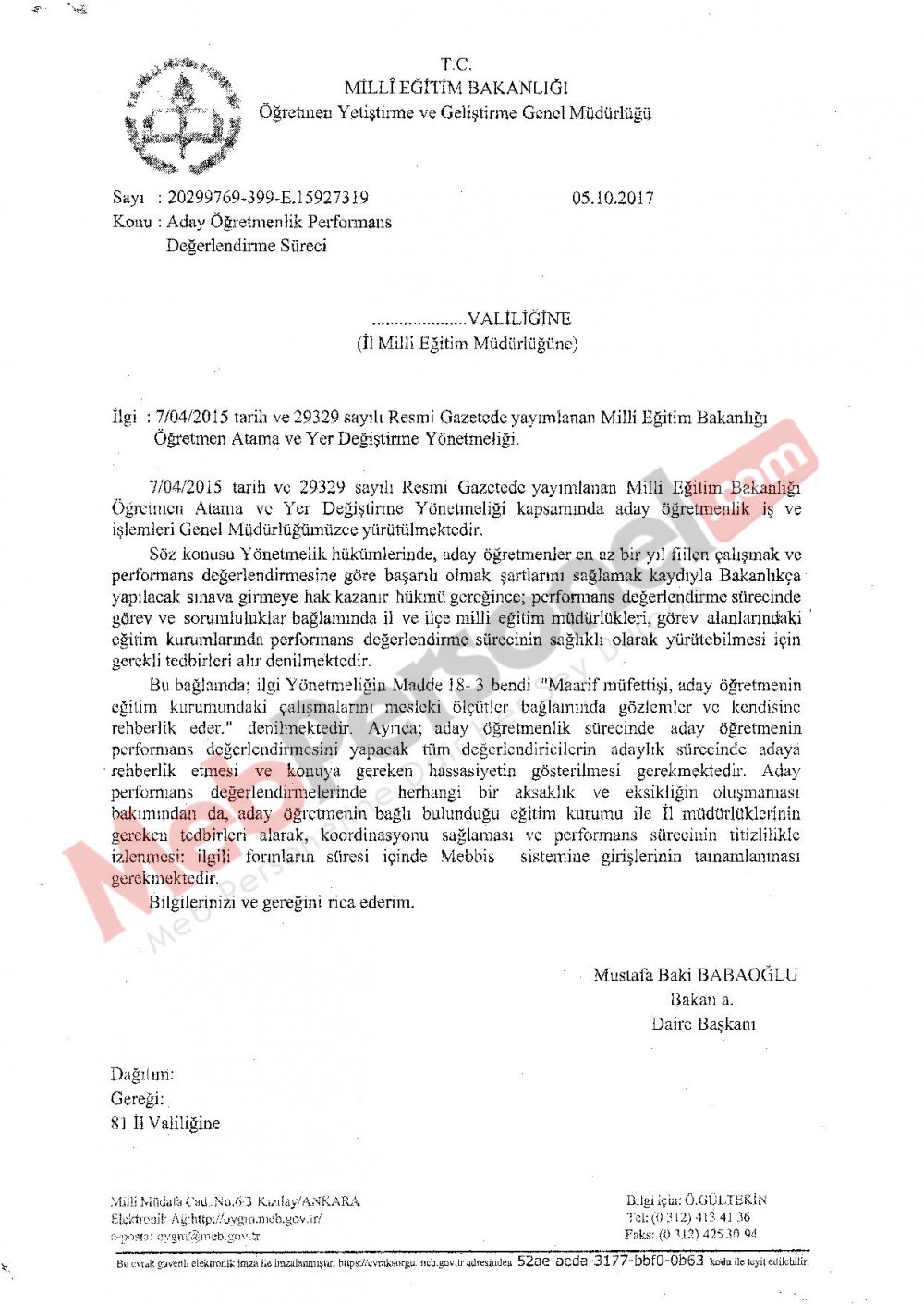 MEB&#39;den &#39;&#39;Aday Öğretmenlik Performans Değerlendirme Süreci&#39;&#39; Yazısı
