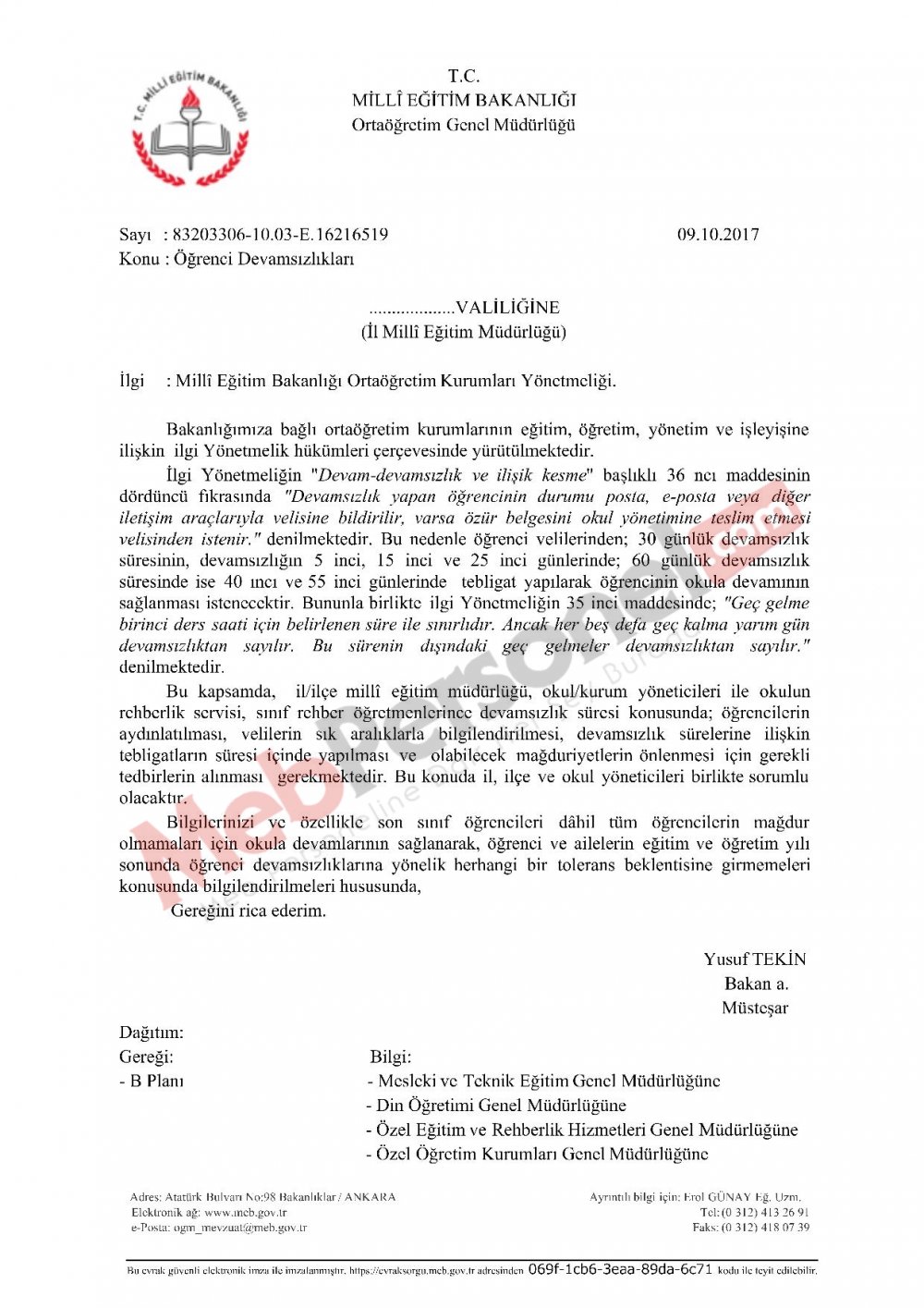 MEB&#39;den &#39;&#39;Öğrenci Devamsızlıkları&#39;&#39; Yazısı