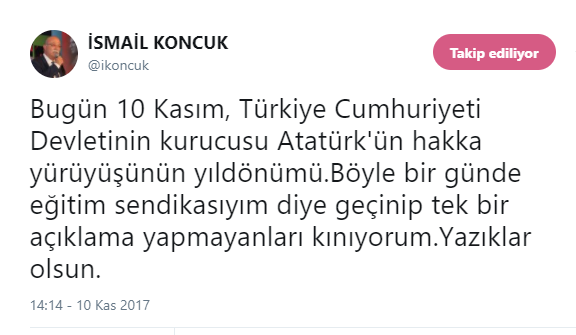 İsmail Koncuk'tan Eğitim Bir Sen'e 10 Kasım Tepkisi