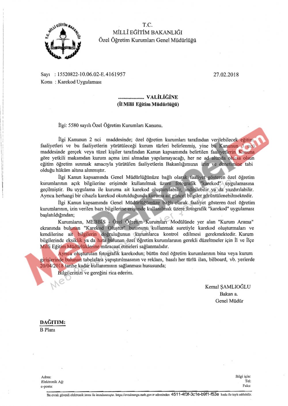 MEB'den ''Karekod Uygulaması'' Yazısı