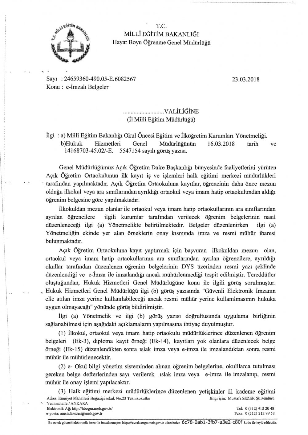 MEB'den ''e-İmzalı Belgeler'' Yazısı