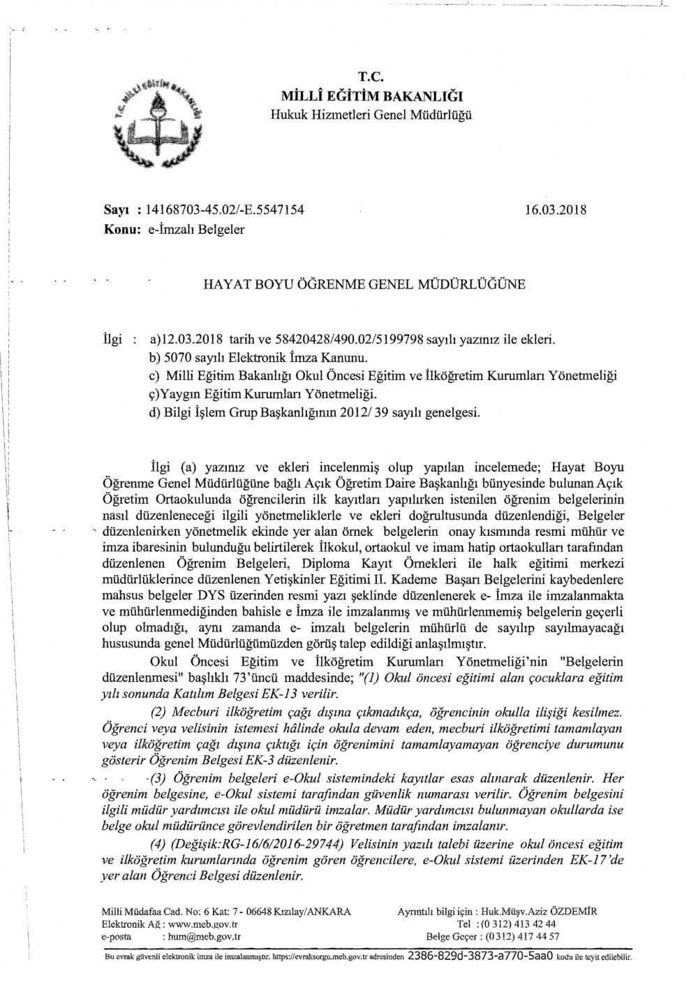 MEB'den ''e-İmzalı Belgeler'' Yazısı