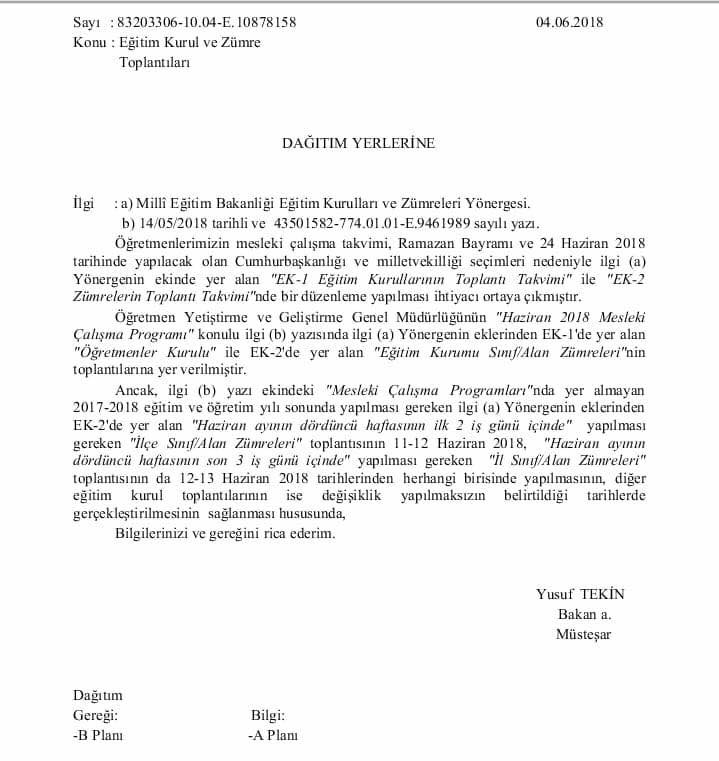MEB'den ''Eğitim Kurul ve Zümre Toplantıları'' Yazısı