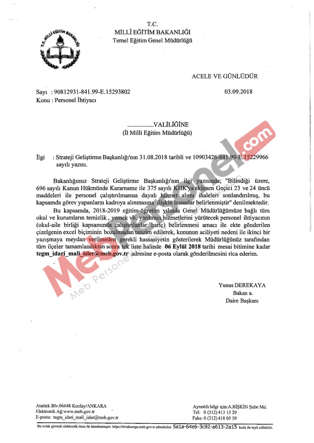 MEB'den ''Personel İhtiyacı'' Yazısı