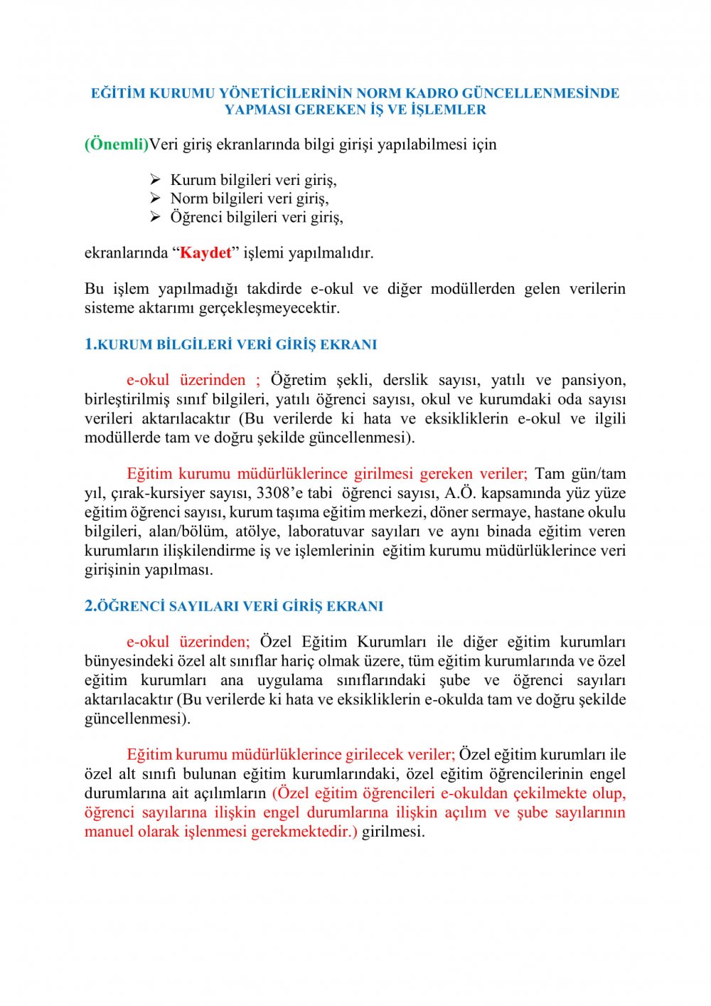 Norm Kadro Güncellemesinde Dikkat Edilmesi Gereken Hususlar ve Eğitim Kurumu Yöneticilerinin Yapması Gereken İş ve İşlemler