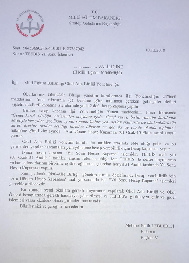 MEB'den ''TEFBİS Yıl Sonu İşlemleri'' Yazısı