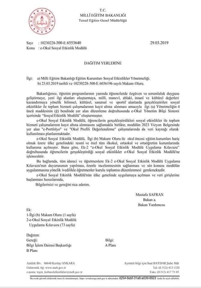 MEB'den ''e-Okul Sosyal Etkinlik Modülü'' Yazısı