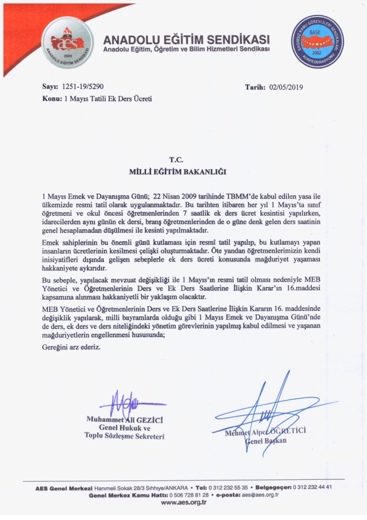 AES:1 Mayıs Ek Ders Ücretlerinin Kesilmemesi İçin MEB’e Başvurduk