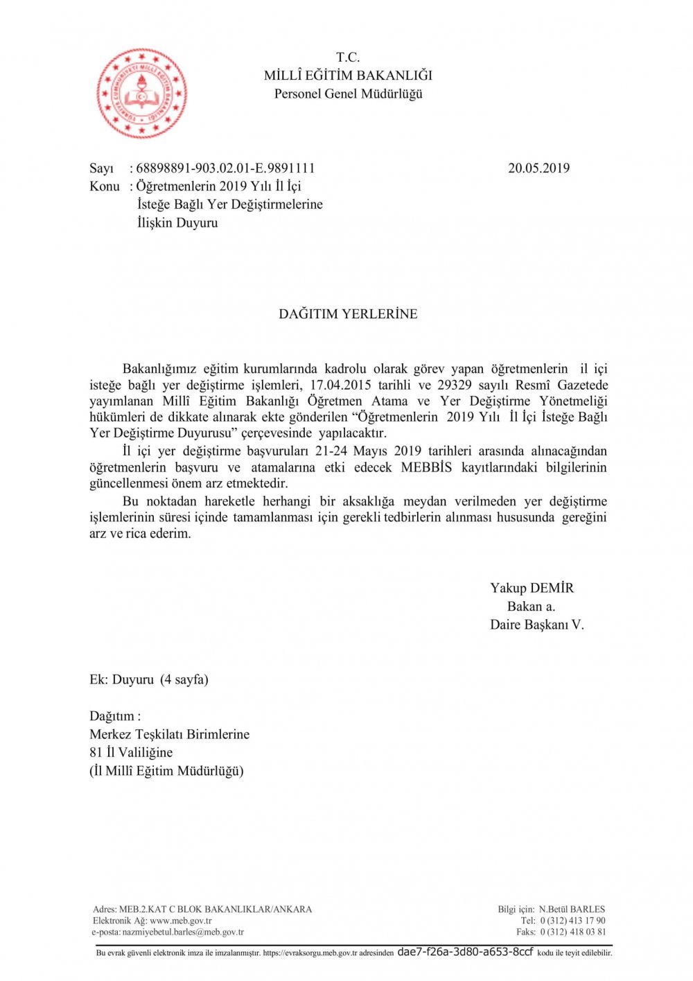 2019 Mayıs İl İçi Öğretmen İhtiyaç Listeleri (80 İL)